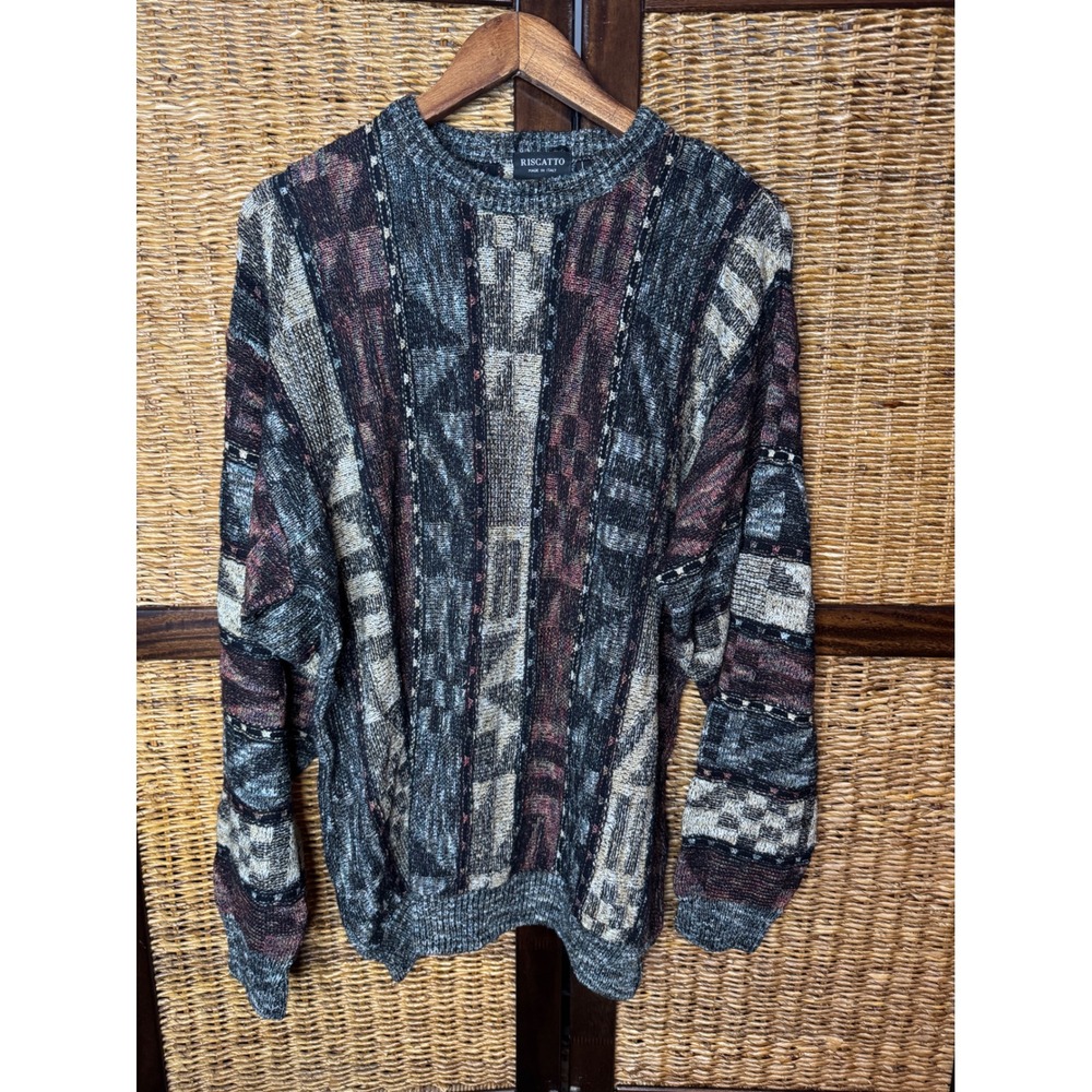 Riscatto Mens Large Wool Blend Geometric Abstract Knit Sweater Italy Coogi Style